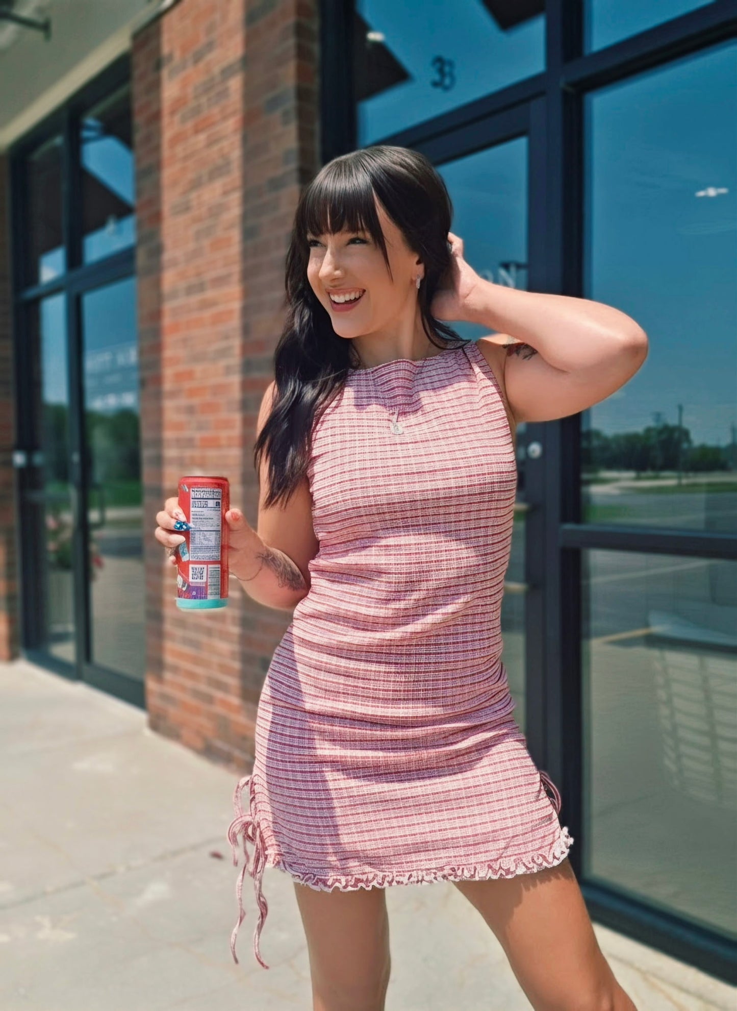 Lattice Drawstring Check Mini Dress