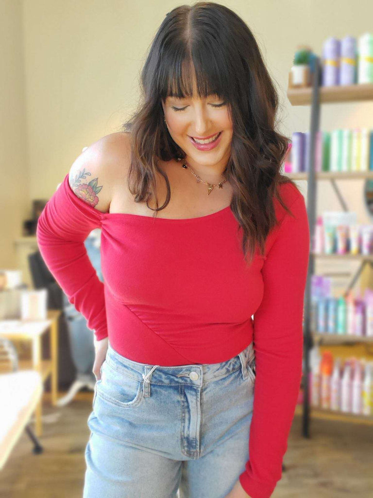 Off the Shoulder Long Sleeve Top Red