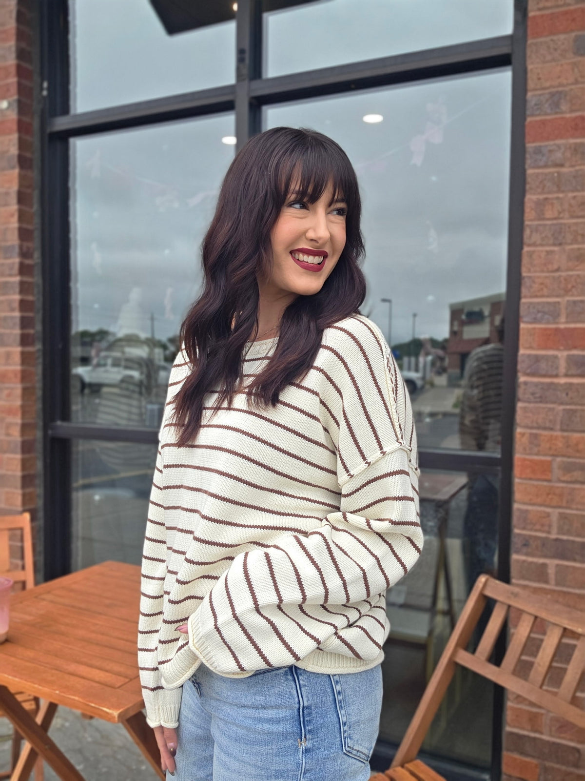 CREAM STRIPED DROP SHOULDER CREW NECK SWEATER