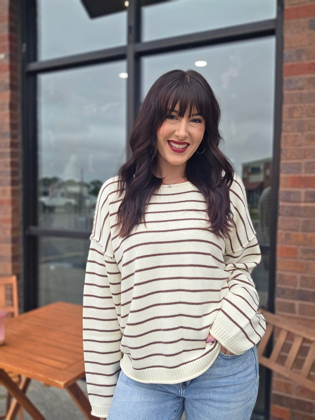 CREAM STRIPED DROP SHOULDER CREW NECK SWEATER