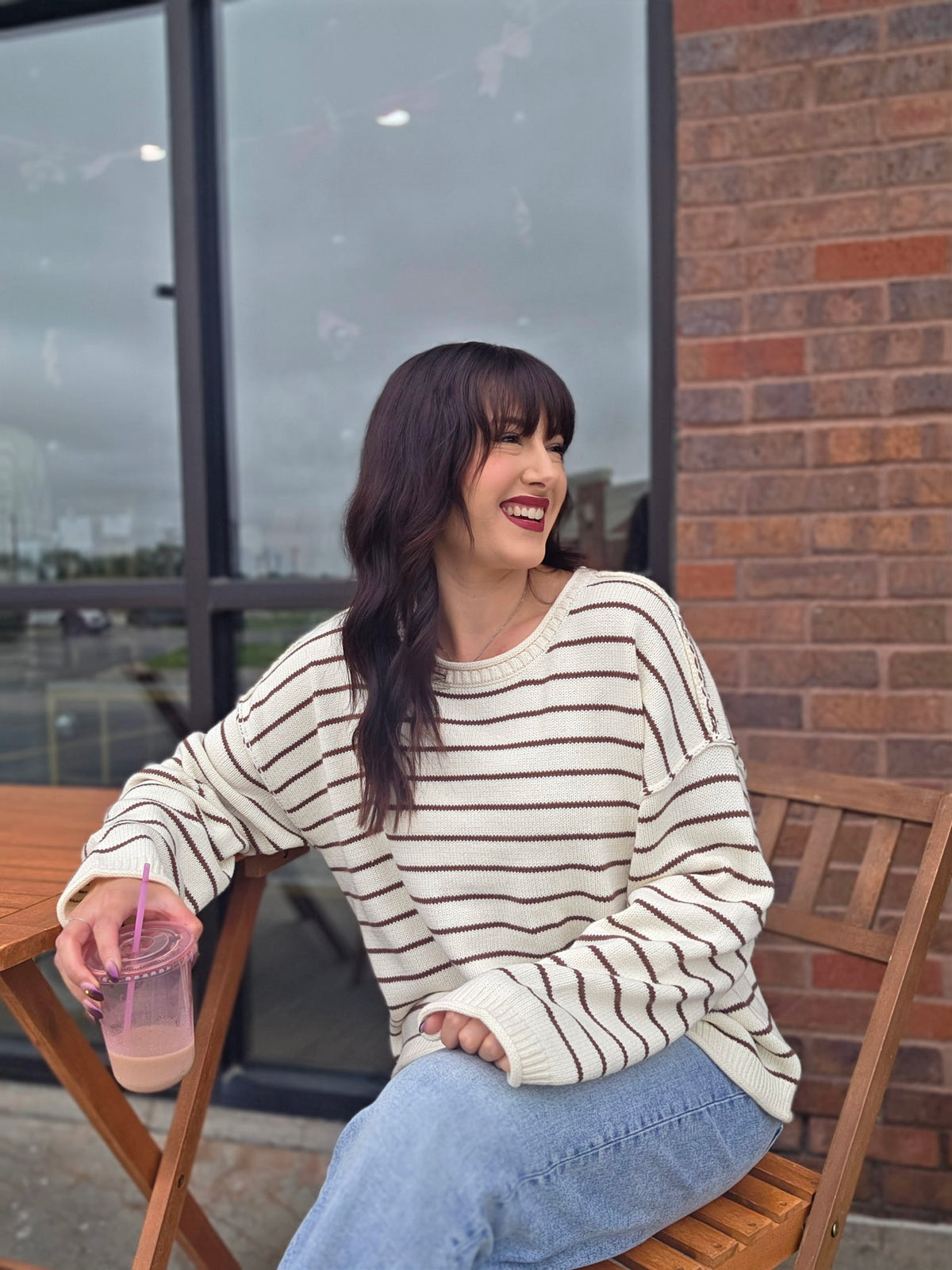 CREAM STRIPED DROP SHOULDER CREW NECK SWEATER