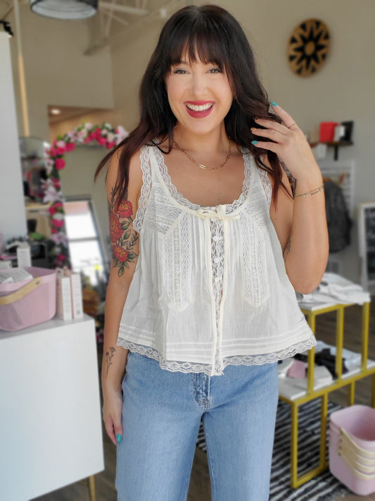 Bow Tie Front Lace Trimmed Tank