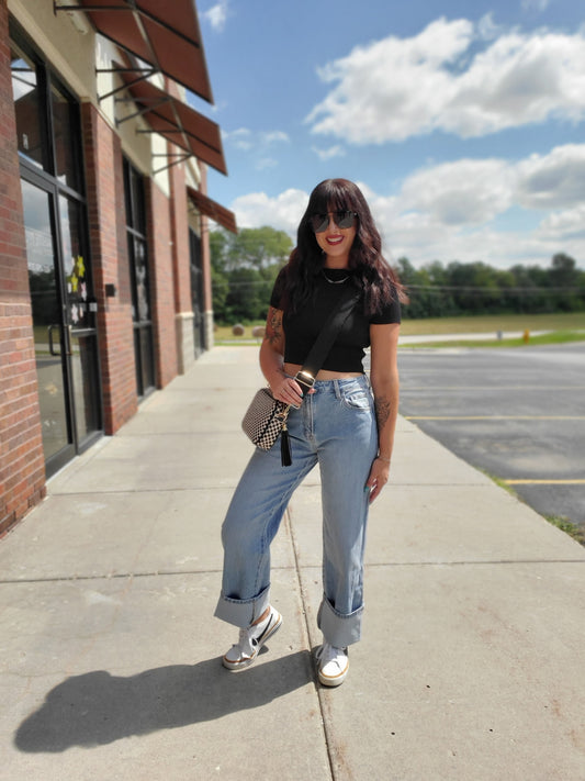 High Rise Cuffed Baggy Straight Jeans