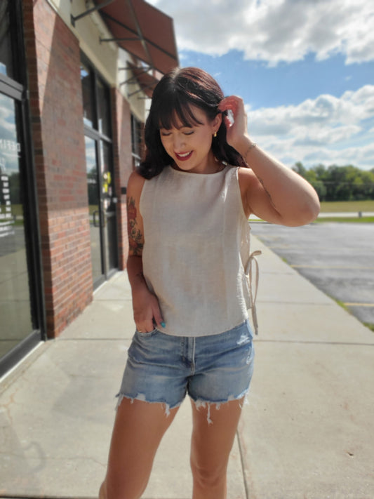 Side Tie Solid Linen Textured Tank Top