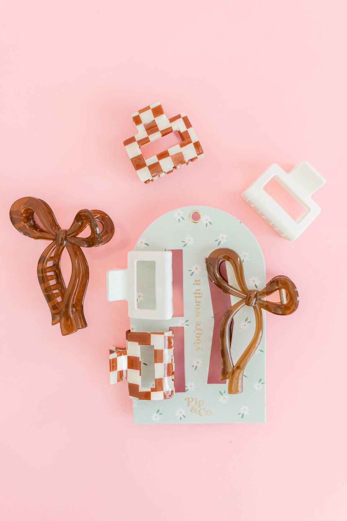 Mocha Bow and Checkered Claw Hair Clip Set